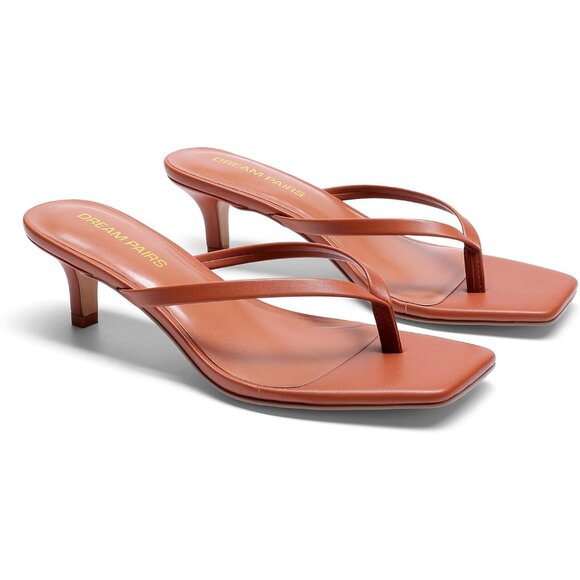 Dream Pairs Women Brown Faux Leather  Square Open Toe  Low Heels Sandals Shoes - Picture 3 of 8